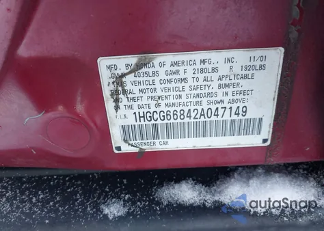 2002 Honda Accord 2.3 Ex/2.3 Se from USA, damaged, VIN 1HGCG66842A047149